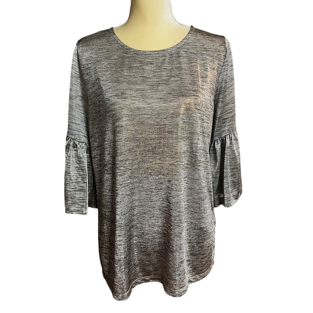 DANTELLE Women's Top M Metallic Gray & Gold‎ Blouse 3/4 Sleeve Pullover Sheer